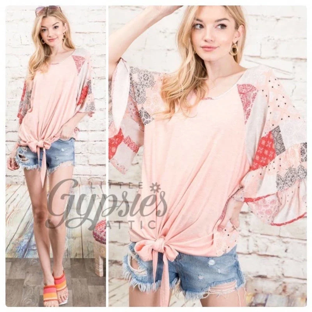 Big Bell Patchwork Sleeves Bohemian Top - Picture 6 of 9